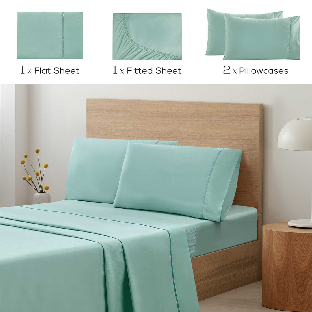 Mueller Bedding-bed-sheets-Twin light green set with flat sheet, fitted sheet, and pillowcases on a bed.