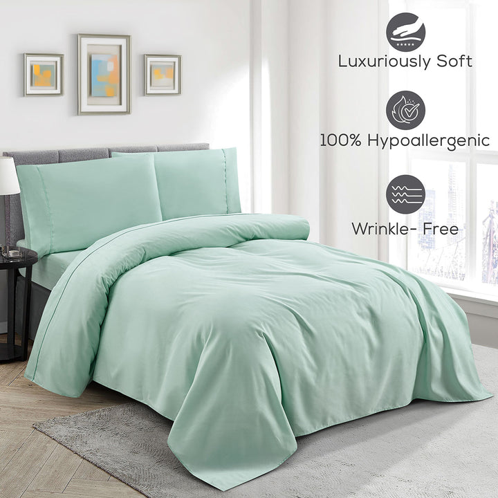 Mint green bedding set on a bed with 'Luxuriously Soft', '100% Hypoallergenic', and 'Wrinkle-Free' features displayed.