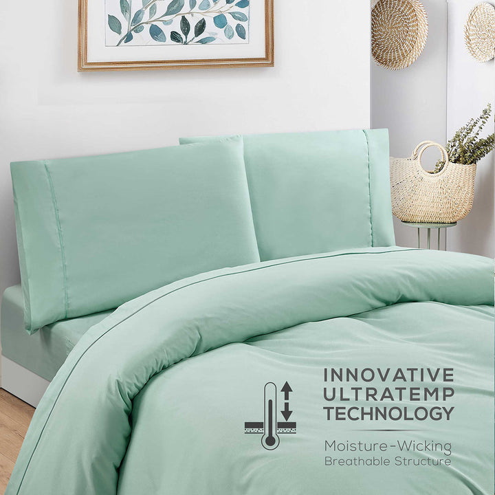 Mint green bedding set with 'Innovative Ultratemp Technology' label on a bed in a bedroom setting.
