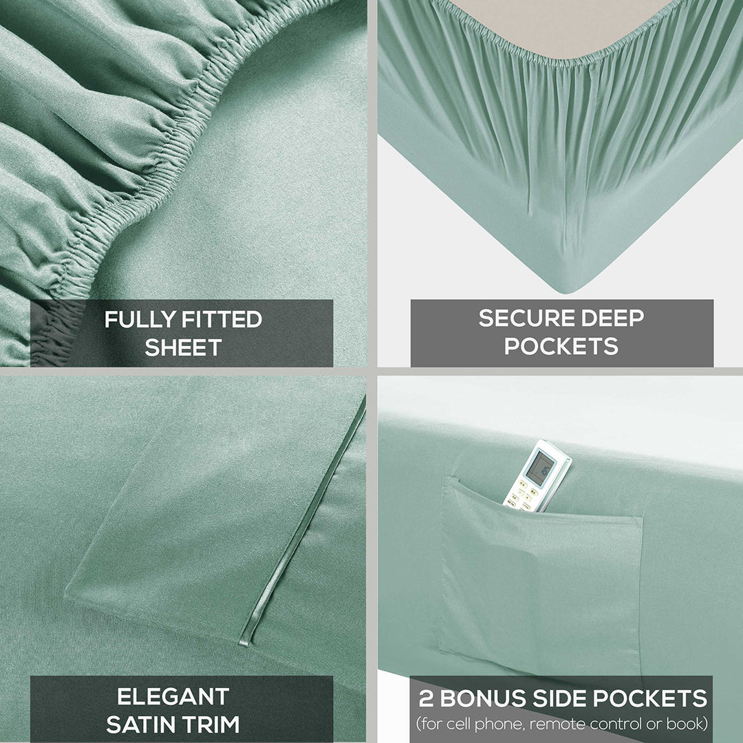 Mueller Bedding-bed-sheets-Twin light green  fitted sheet with features highlighted on a gray background