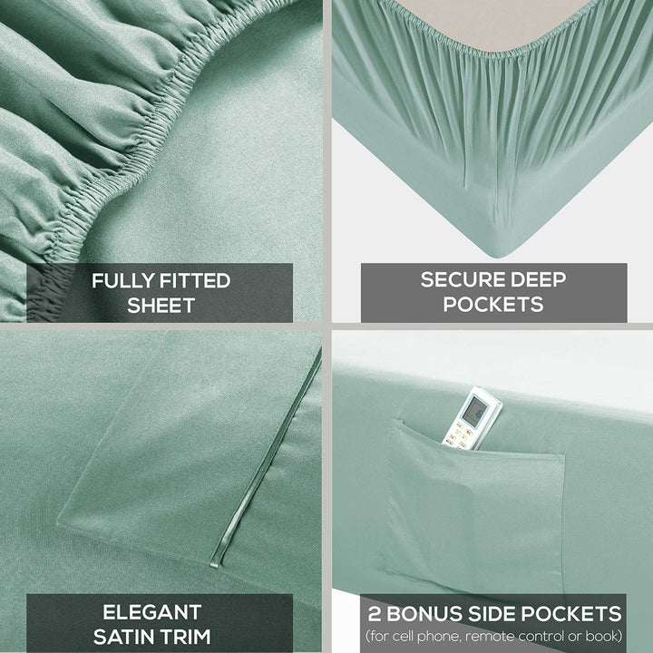 Mueller Bedding-bed-sheets-Twin light green  fitted sheet with features highlighted on a gray background