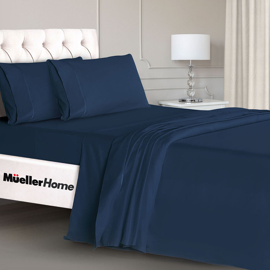 Mueller Bedding-bed-sheets-Twin navy on a bed with a visible 'Mueller Home' logo.