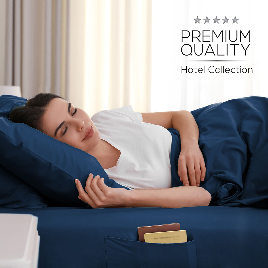 Woman lying on a bed with premium quality bedding, featuring a five-star rating.