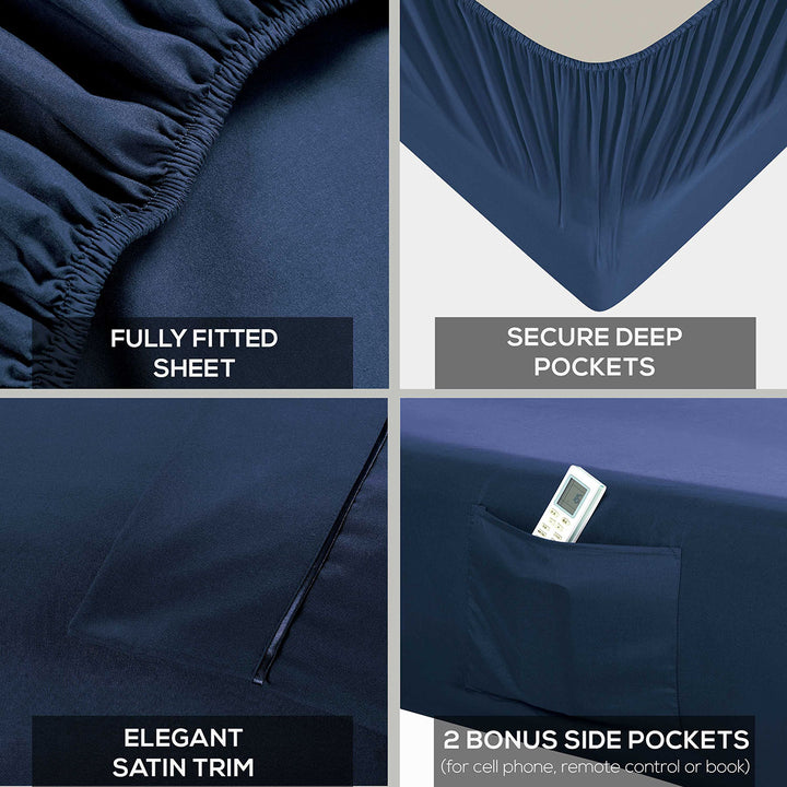 Collage of navy blue fitted sheet features including fully fitted sheet, secure deep pockets, elegant satin trim, and two bonus side pockets.