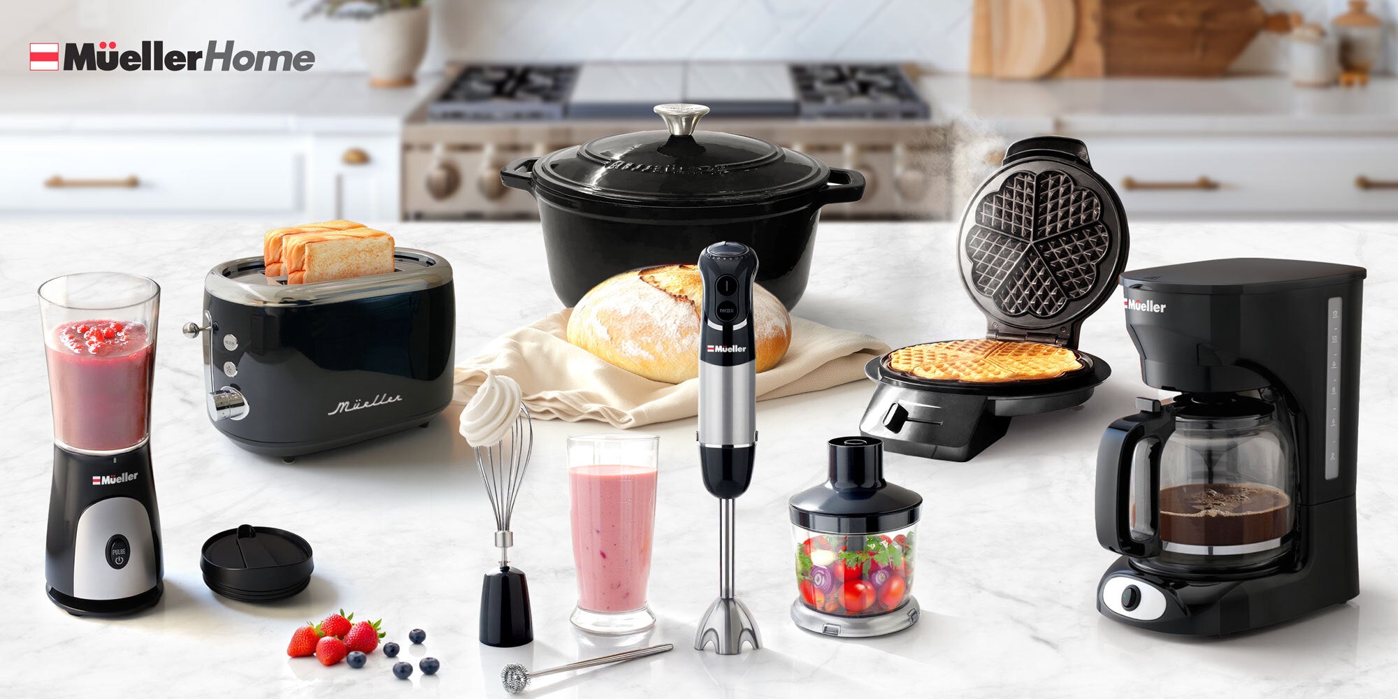 Collection of MuellerHome kitchen appliances on a kitchen counter.