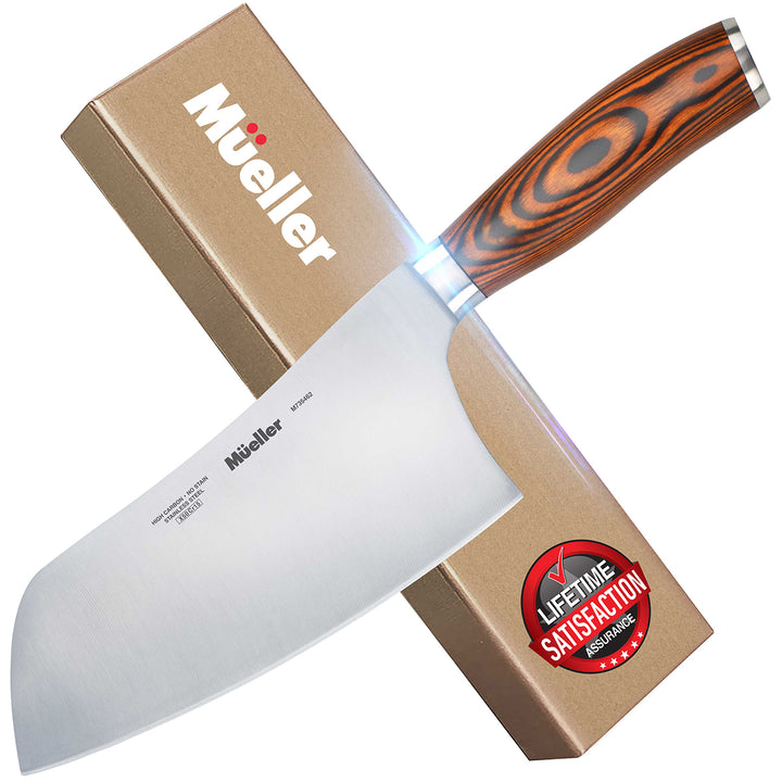 Mueller Cleaver-Chinese-Chefs-Knife-Pakkawood-Handle and branded box on a white background