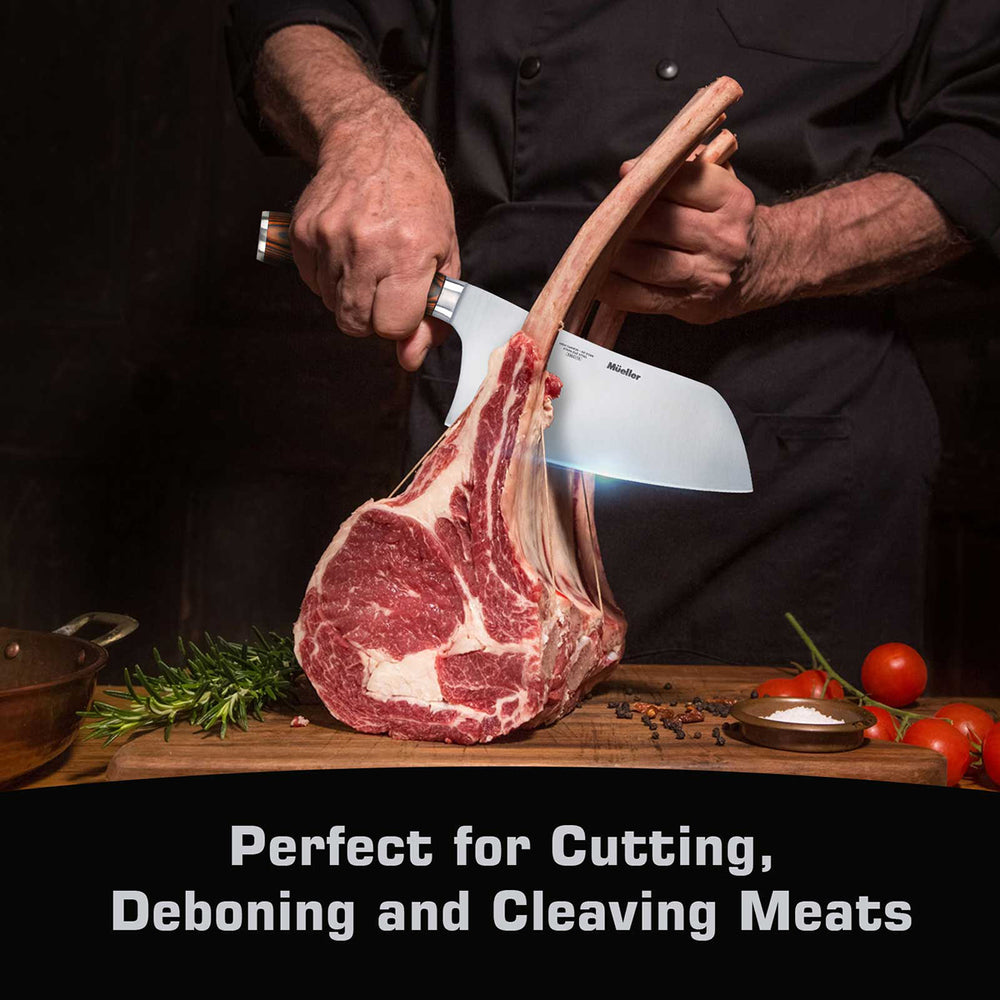 Person holding aMueller Cleaver-Chinese-Chefs-Knife-Pakkawood-Handle cutting into a ribeye steak on a wooden board with text 'Perfect for Cutting, Deboning and Cleaving Meats'.