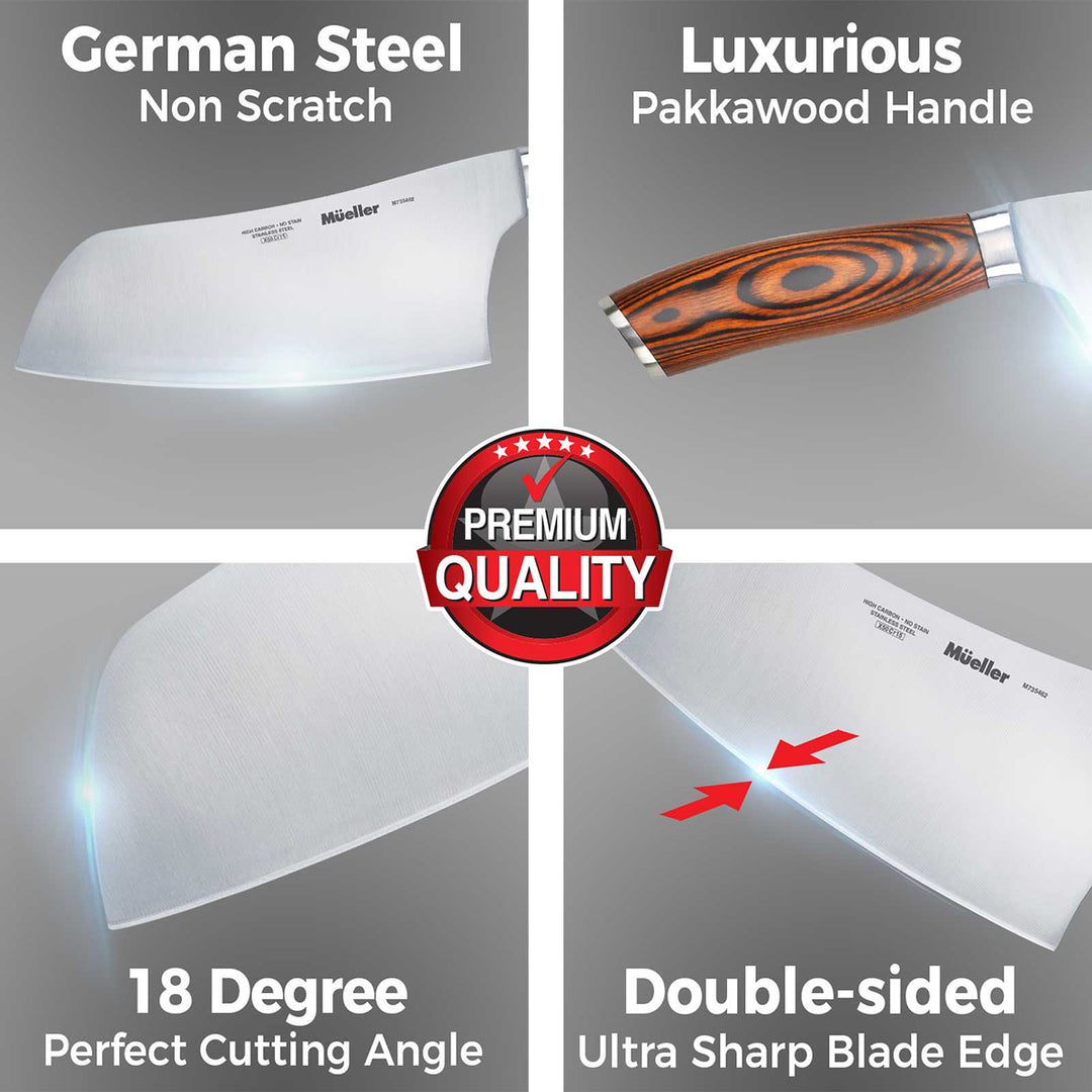 Knife with German steel blade, Pakkawood handle, 18-degree angle, and double-sided blade edge on a gray background.