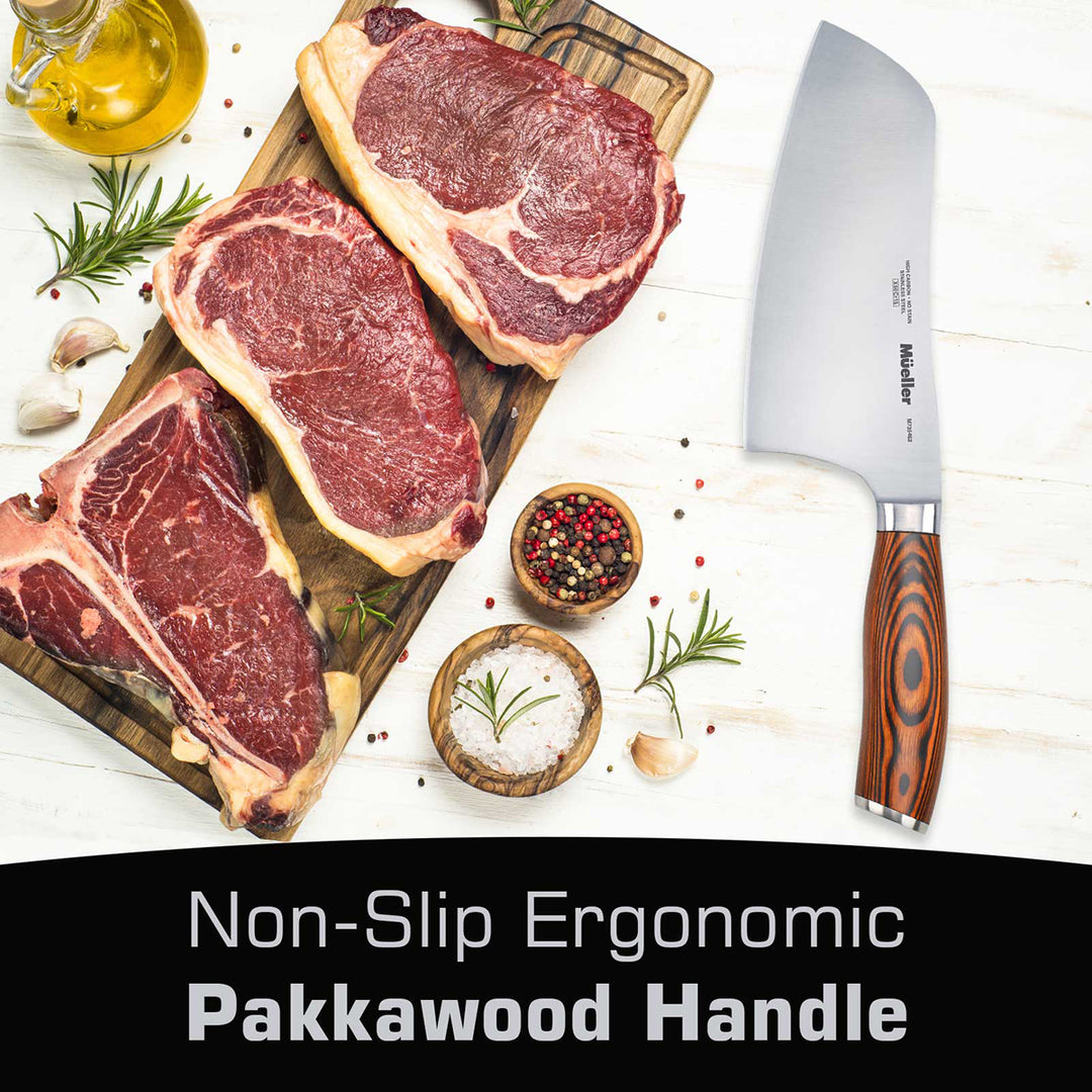 Steaks on a cutting board with a Mueller Cleaver-Chinese-Chefs-Knife-Pakkawood-Handle, spices, and herbs on a white background.