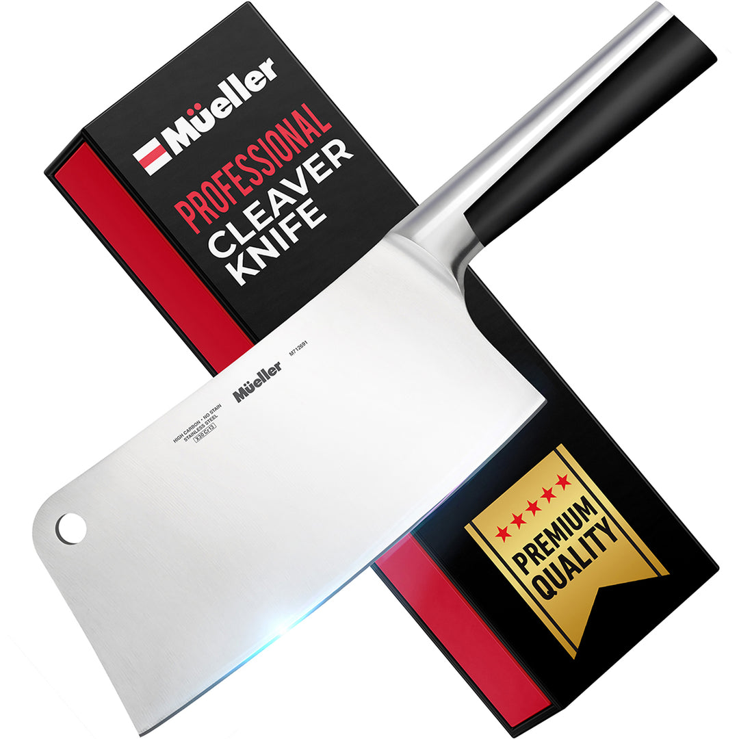 Mueller Cleaver Knife stainless steel with packaging and premium quality label on a white background