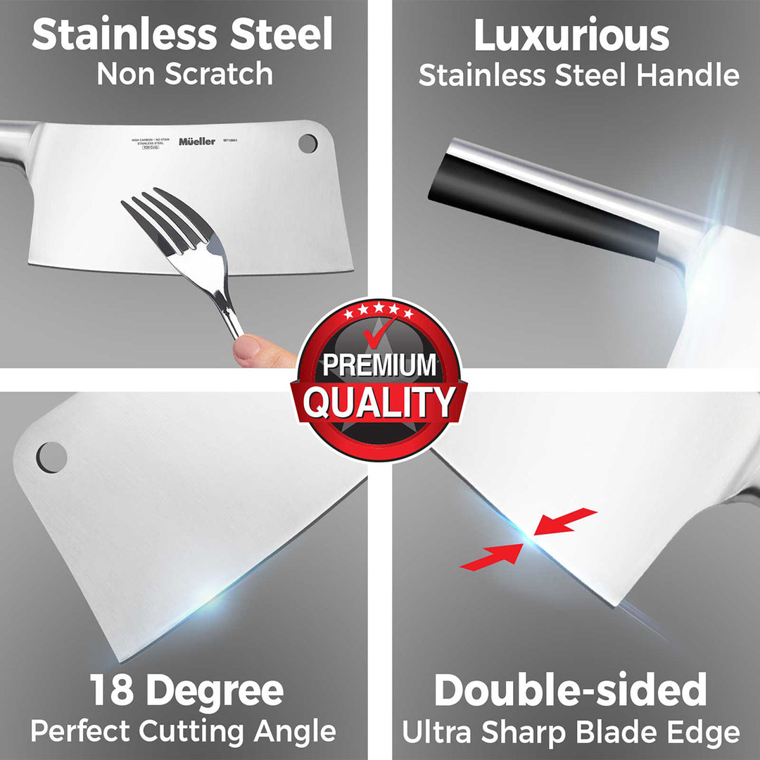 Chopping board with stainless steel handle and features highlighted on a gray background