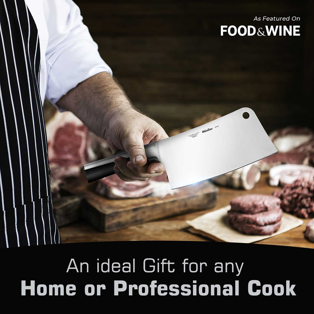Person holding a cleaver knife over raw meat with 'Food & Wine' branding.