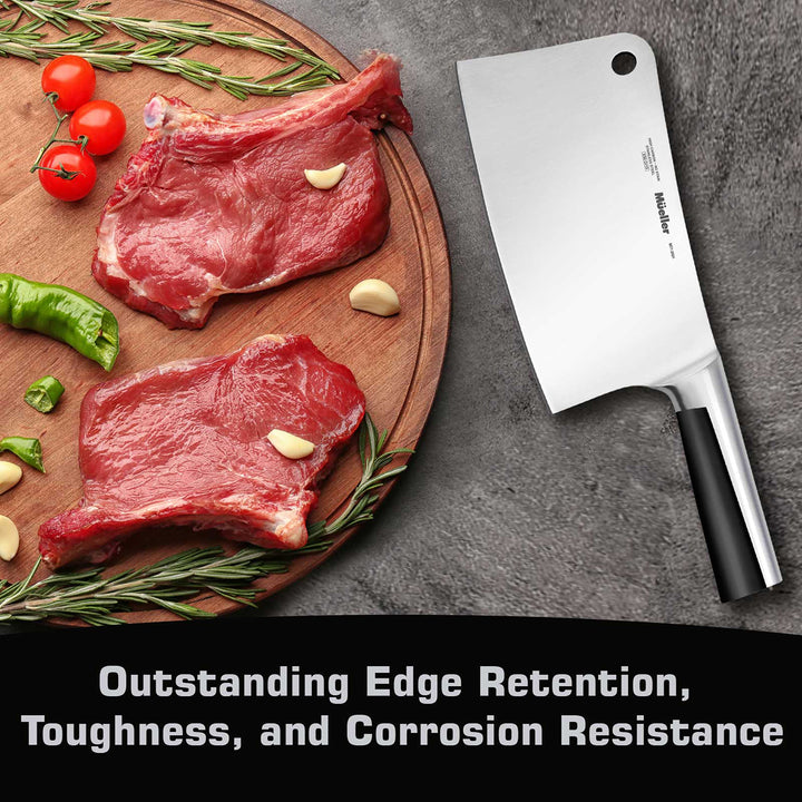 Meat on a cutting board with a knife, garnished with vegetables, on a gray surface.