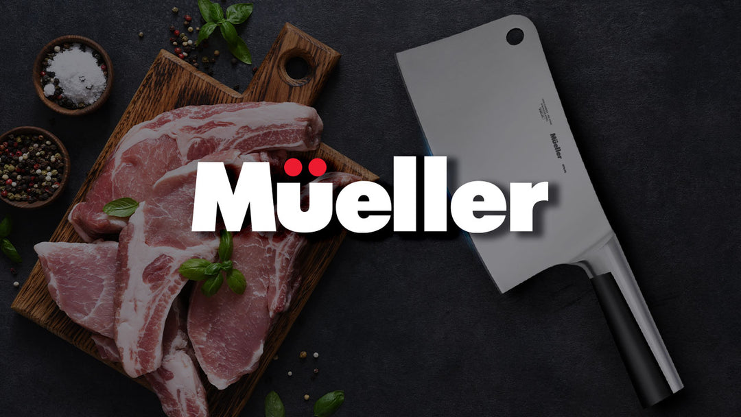 Mueller Cleaver Knife stainless steel cleaver on a cutting board with raw meat and spices on a dark background