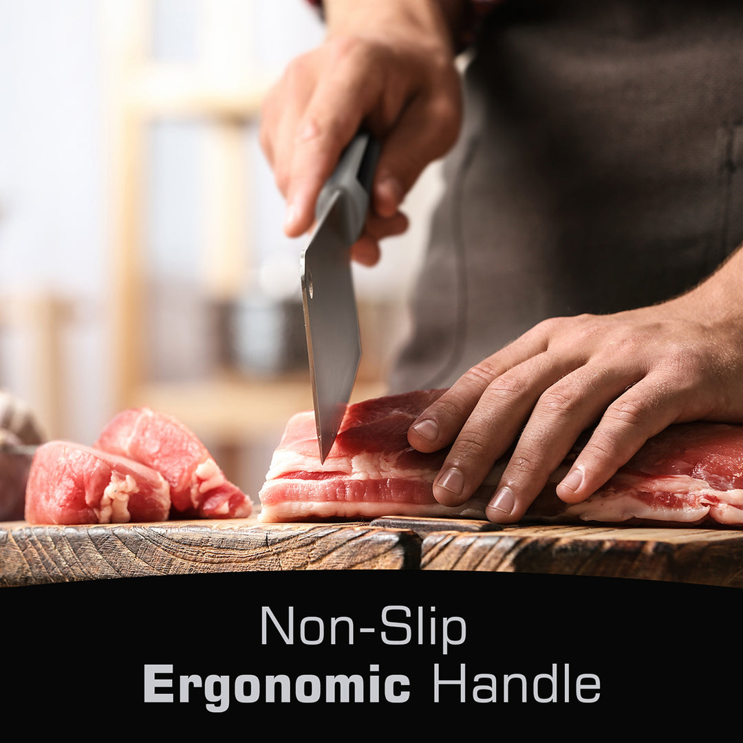 Person cutting meat with a Mueller Cleaver Knife stainless steel on a wooden board, emphasizing non-slip ergonomic handle.