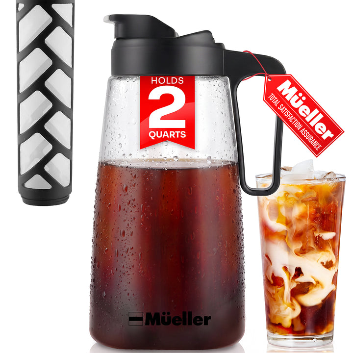 Mueller 2quart insulated coffee pitcher with a clear body, black lid and handle, shown with a glass of iced coffee.