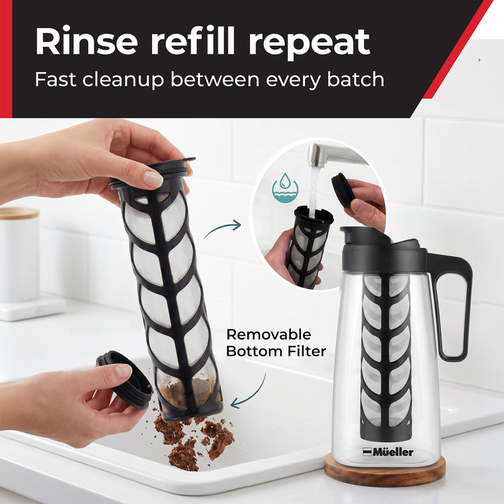A black Mueller coffee carafe with a removable bottom filter being demonstrated in a kitchen sink.