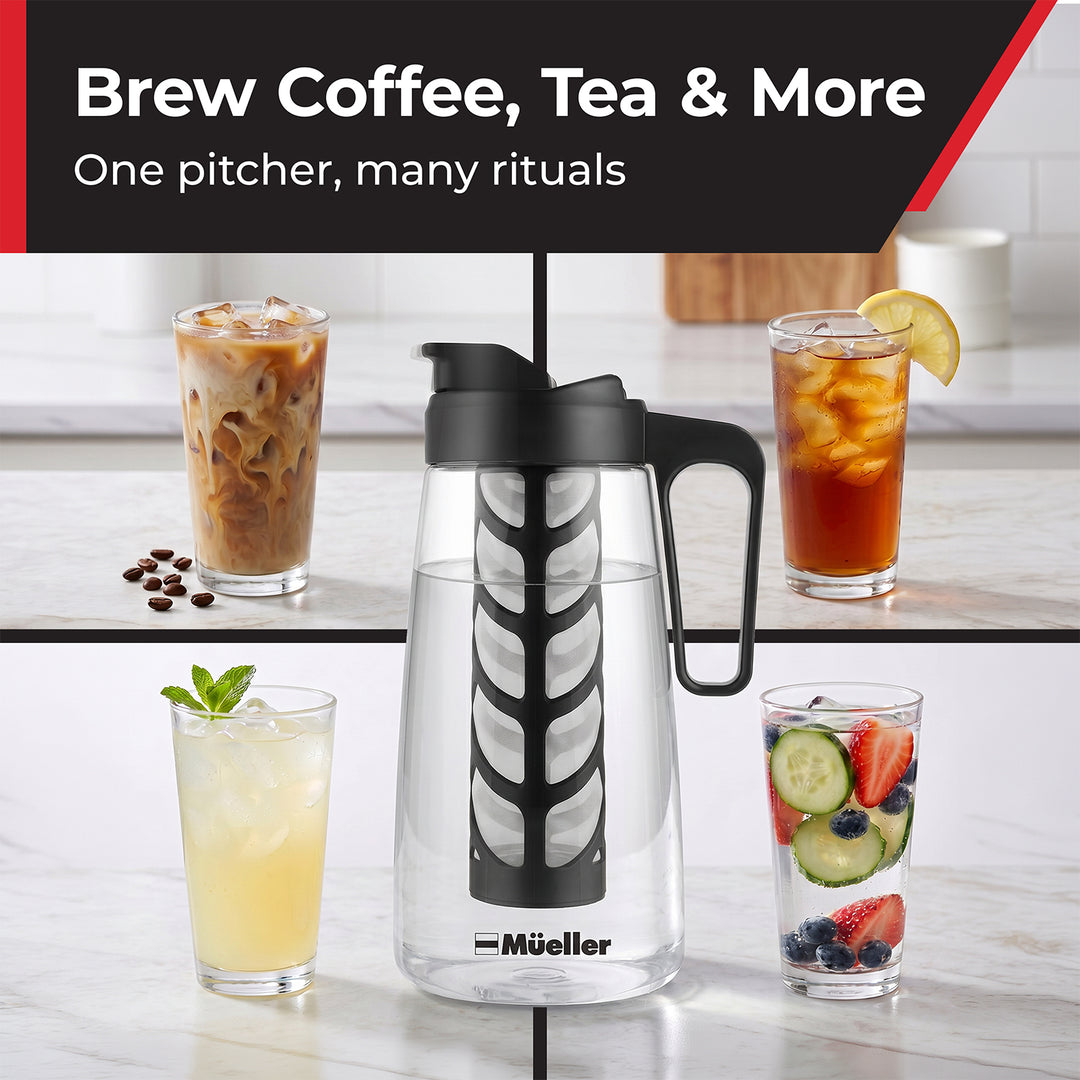 A clear glass Mueller coffee infuser pitcher with a black handle and lid, shown in a kitchen setting with four beverage glasses around it.