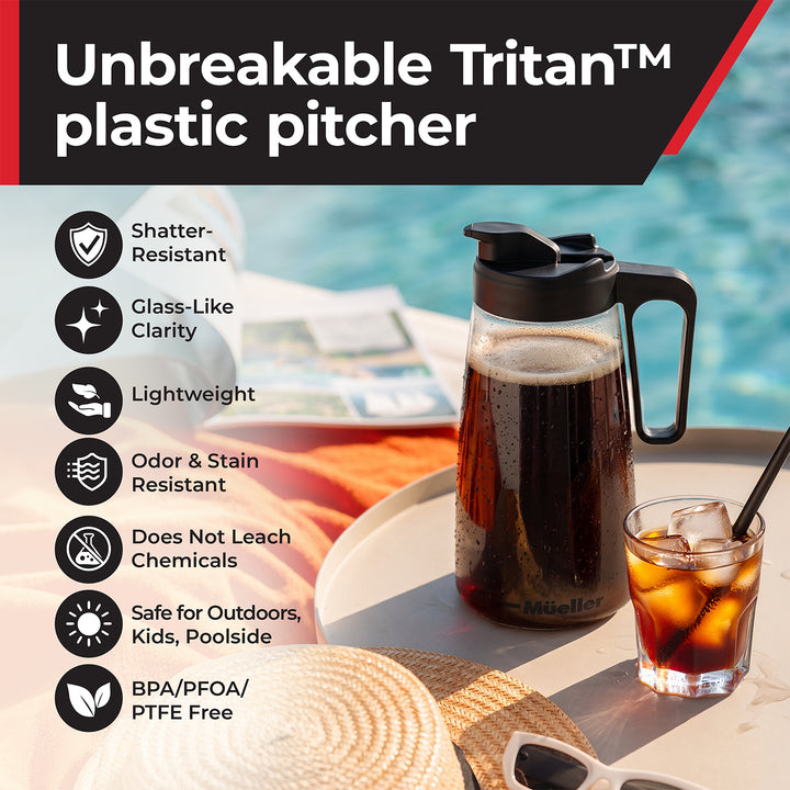 Mueller pitcher shown on a poolside deck next to a glass of cold brew coffee.