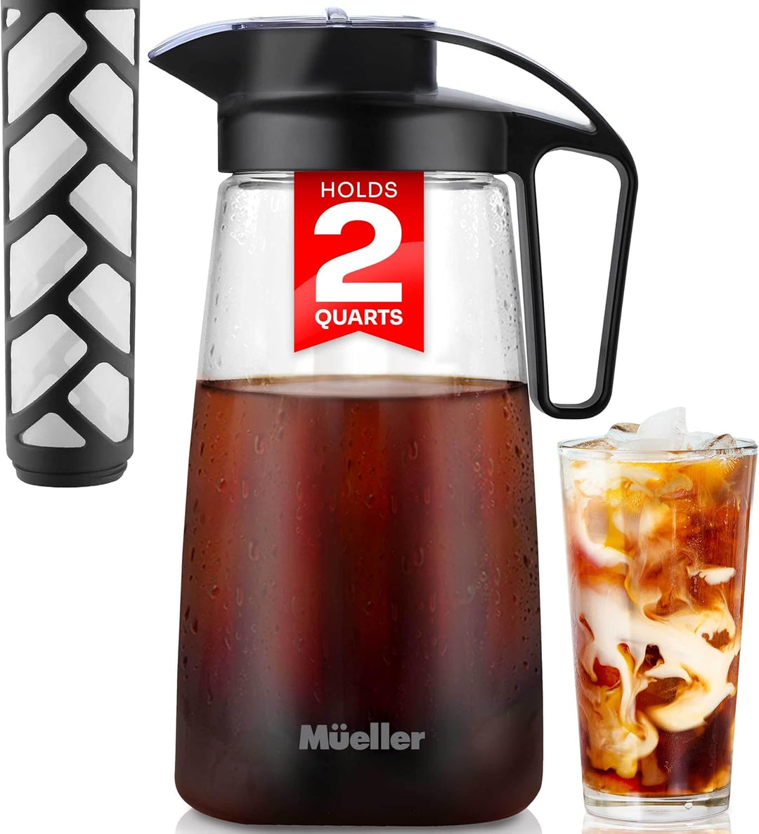 A black and clear glass cold brew pitcher with a lid and a glass of cold brew coffee next to it. The pitcher has a label indicating it holds 2 quarts.