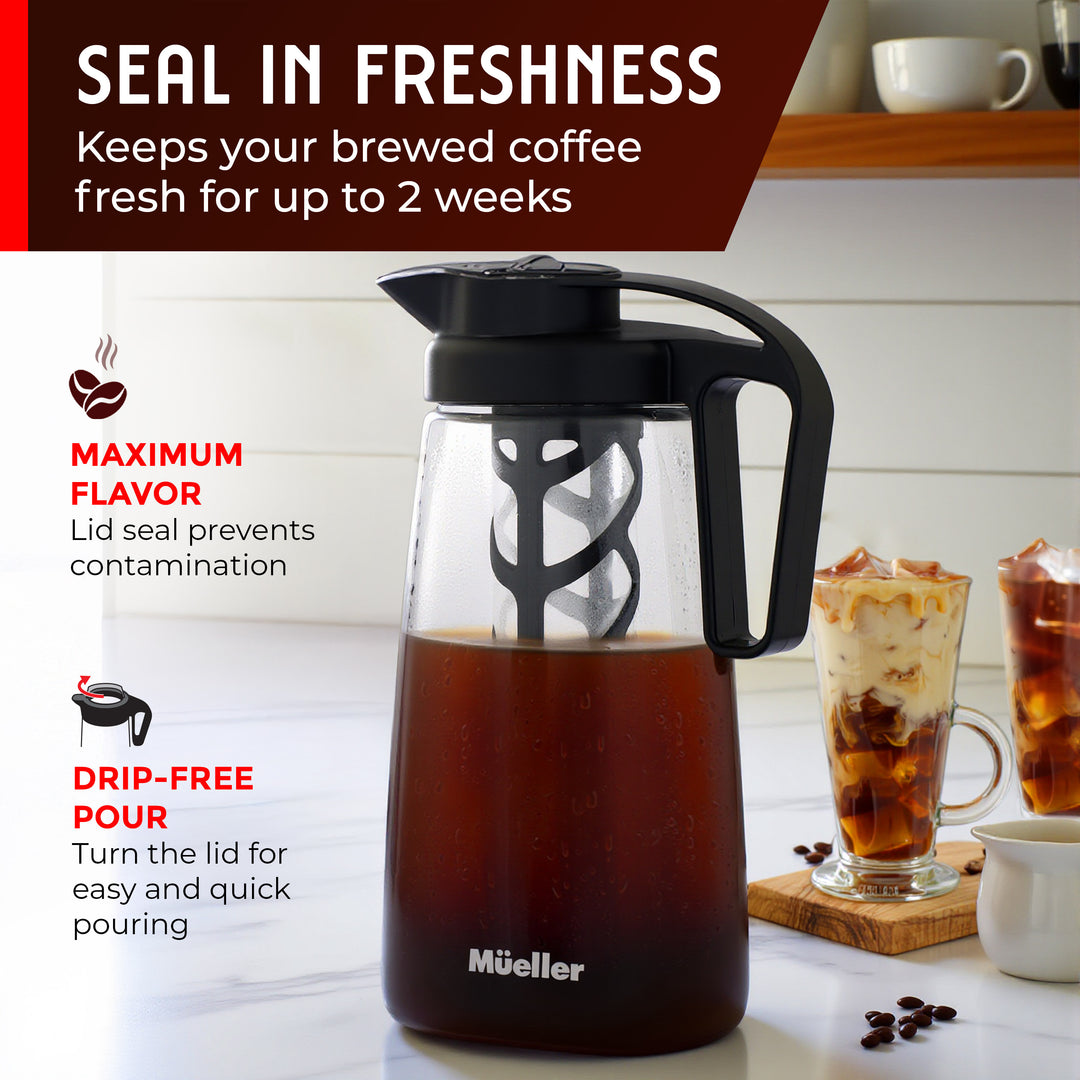 Mueller Cold Brew Pitcher 2 quarts with features highlighted, including 'Seal in Freshness' and 'Maximum Flavor'.