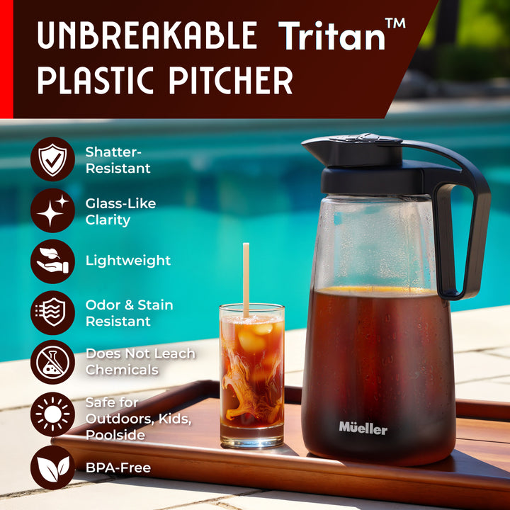 Unbreakable Tritan plastic pitcher with features listed next to a glass of iced tea by a pool.