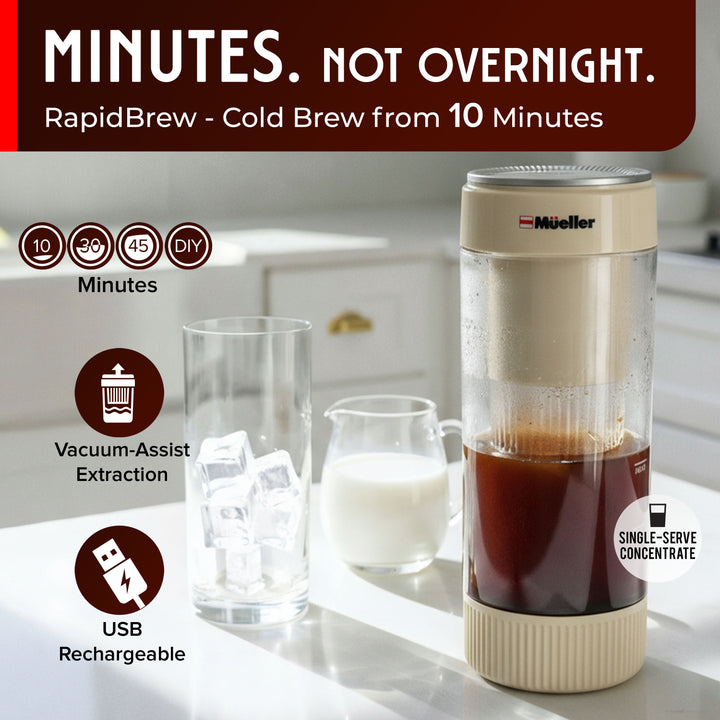 Muller RapidBrew cold brew coffee maker on a kitchen counter with text highlighting features, usb rechargeable, single serve concentrate and vacuum assist extraction