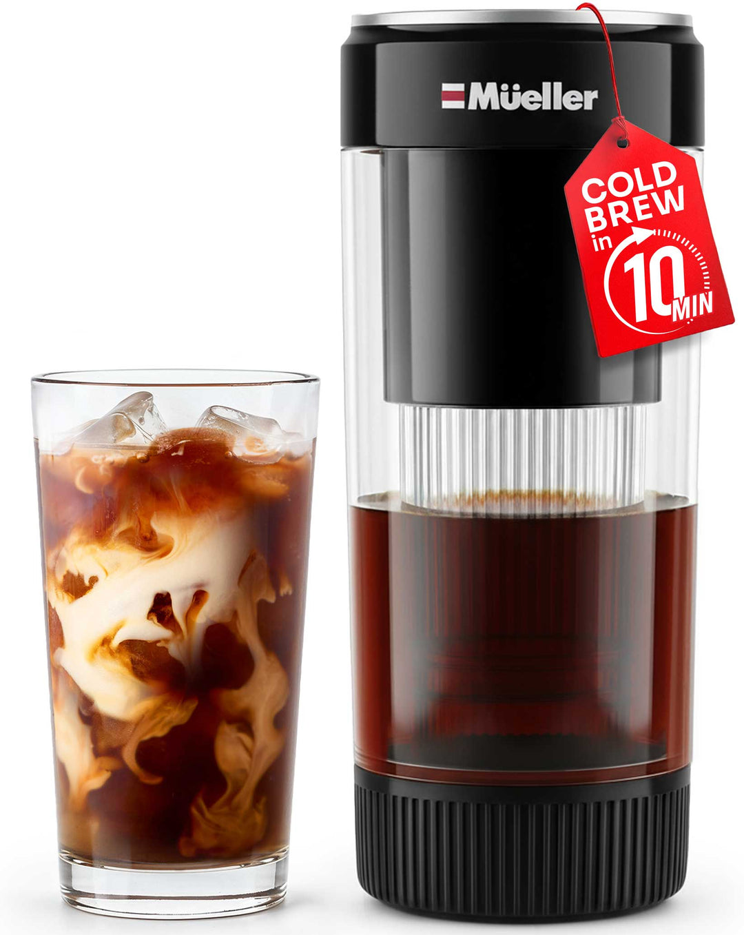 Cold brew coffee maker with a glass of iced coffee on a white background