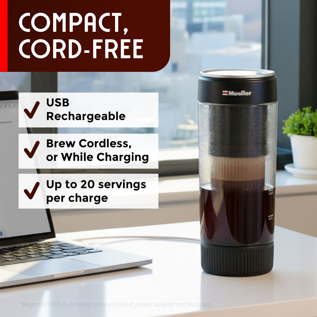 USB rechargeable coffee maker on a desk with text highlighting features
