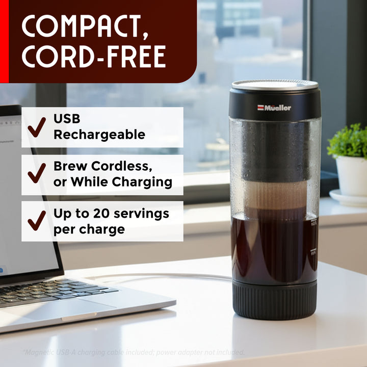 USB rechargeable coffee maker on a desk with text highlighting features