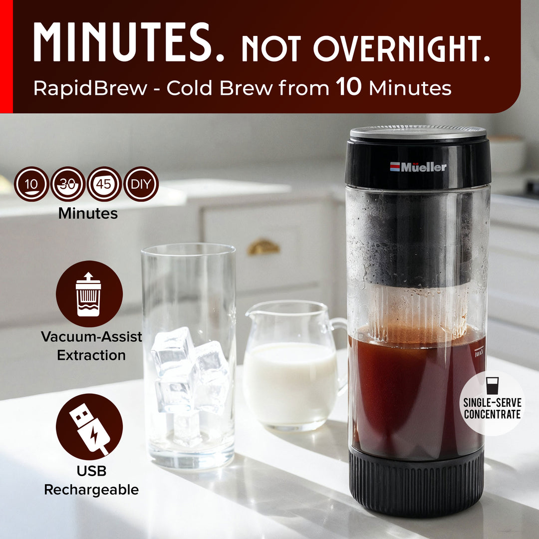 Muller RapidBrew cold brew coffee maker on a kitchen counter with text highlighting features, usb rechargeable, single serve concentrate and vacuum assist extraction