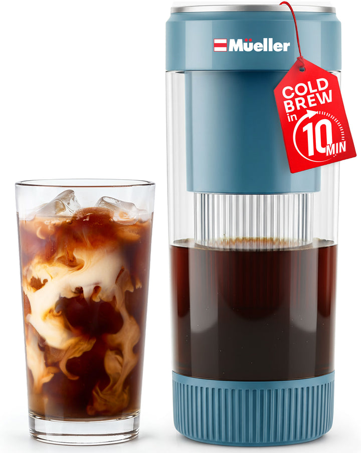 Blue Mueller cold brew coffee maker with a glass of iced coffee on a white background