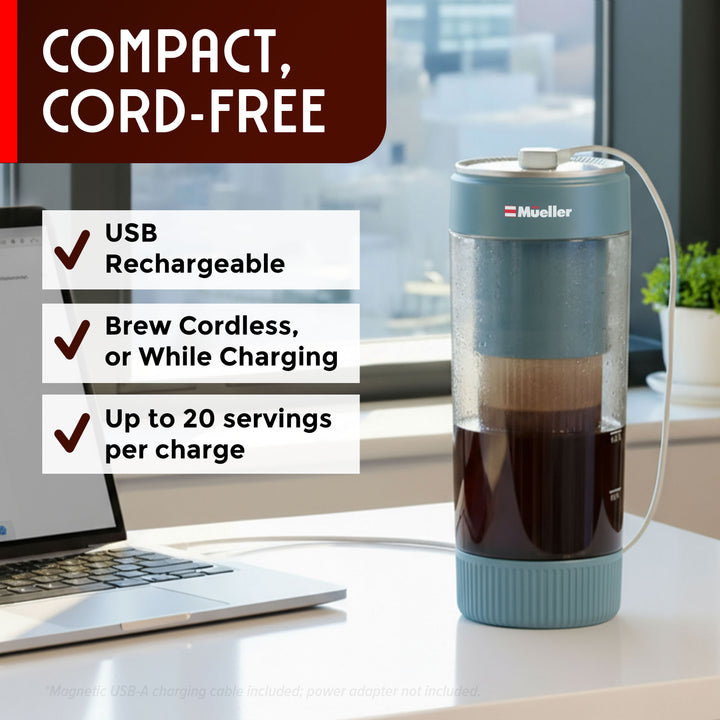 USB rechargeable coffee maker on a desk with text highlighting features