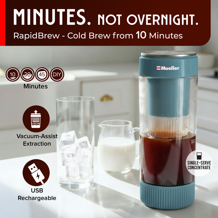 Muller RapidBrew cold brew coffee maker on a kitchen counter with text highlighting features, usb rechargeable, single serve concentrate and vacuum assist extraction