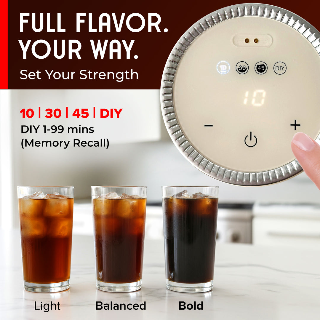Coffee strength controller with three glasses of iced coffee labeled 'Light', 'Balanced', and 'Bold'.
