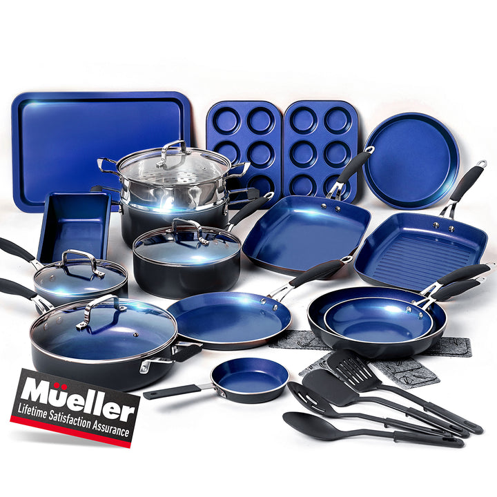 Muller cookware set with blue cookware pieces on a white background