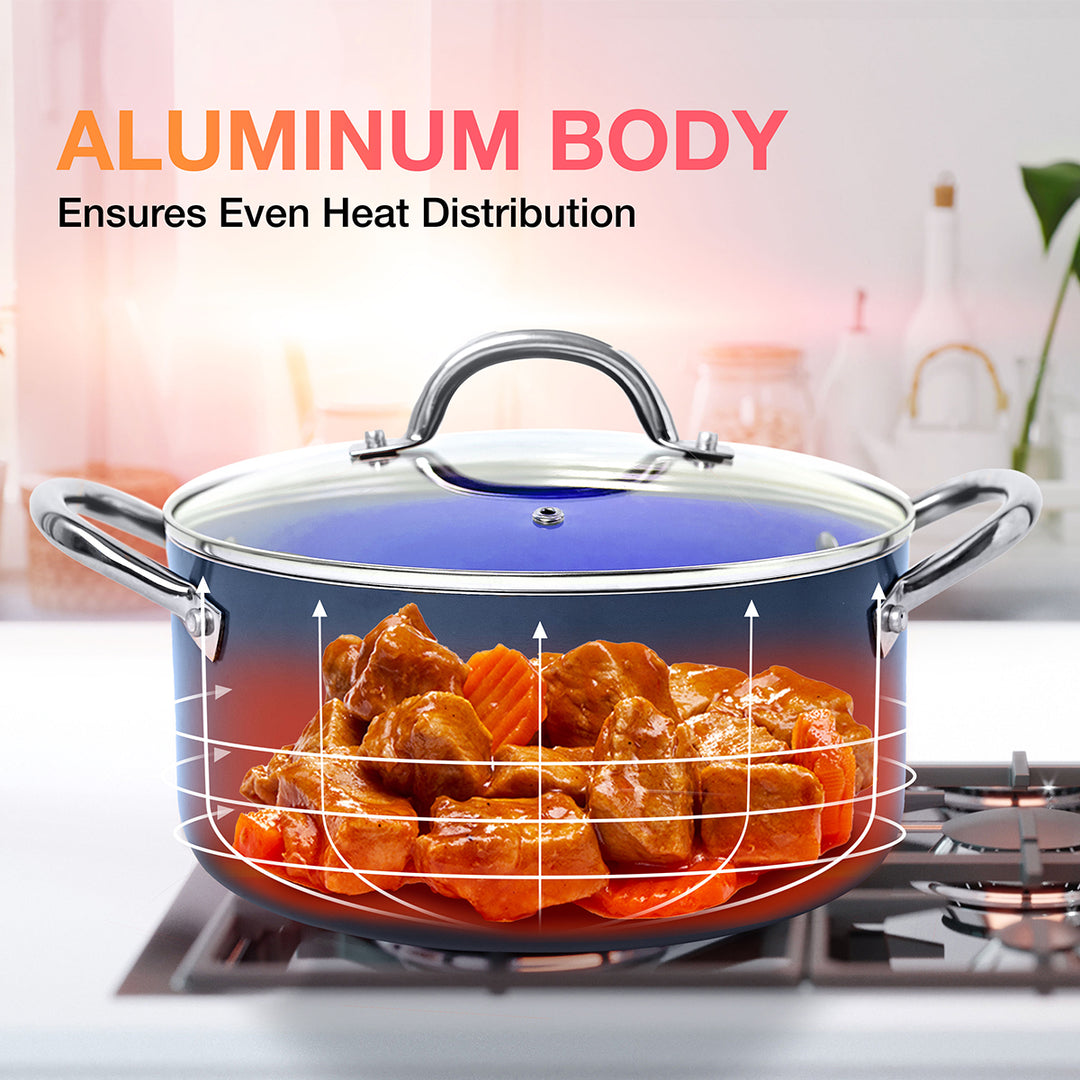 Stovetop with a pot of food and text about an aluminum body ensuring even heat distribution.