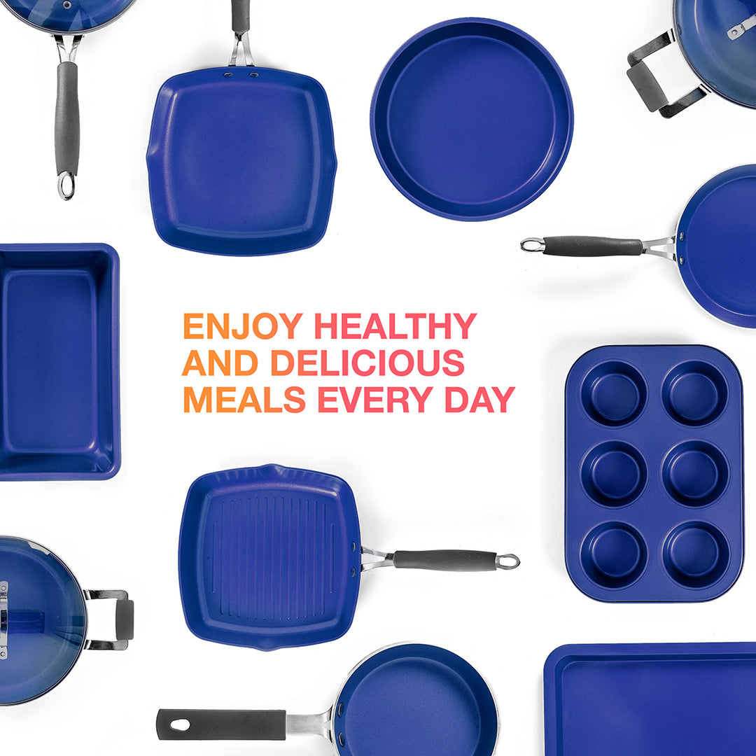 Collection of blue cookware items on a white background with promotional text.