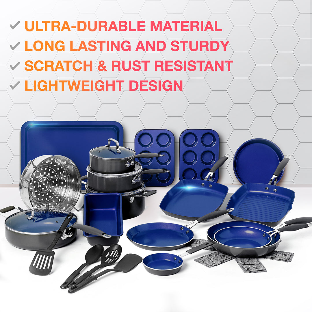 Set of blue cookware with text highlighting features on a white background