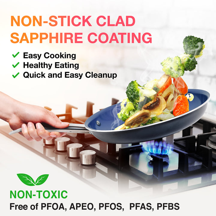 Frying pan with vegetables on a stove, featuring non-stick clad sapphire coating benefits.