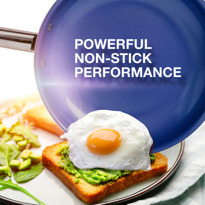 Blue non-stick frying pan with an egg on toast and avocado spread, text 'POWERFUL NON-STICK PERFORMANCE'.