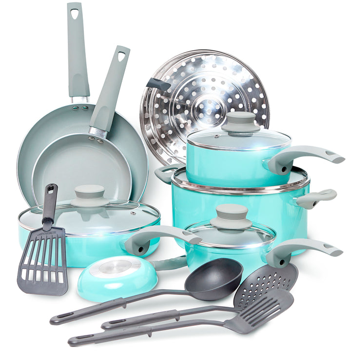 Mueller Cookware 16 set healthy stone blue with gray utensils on a white background