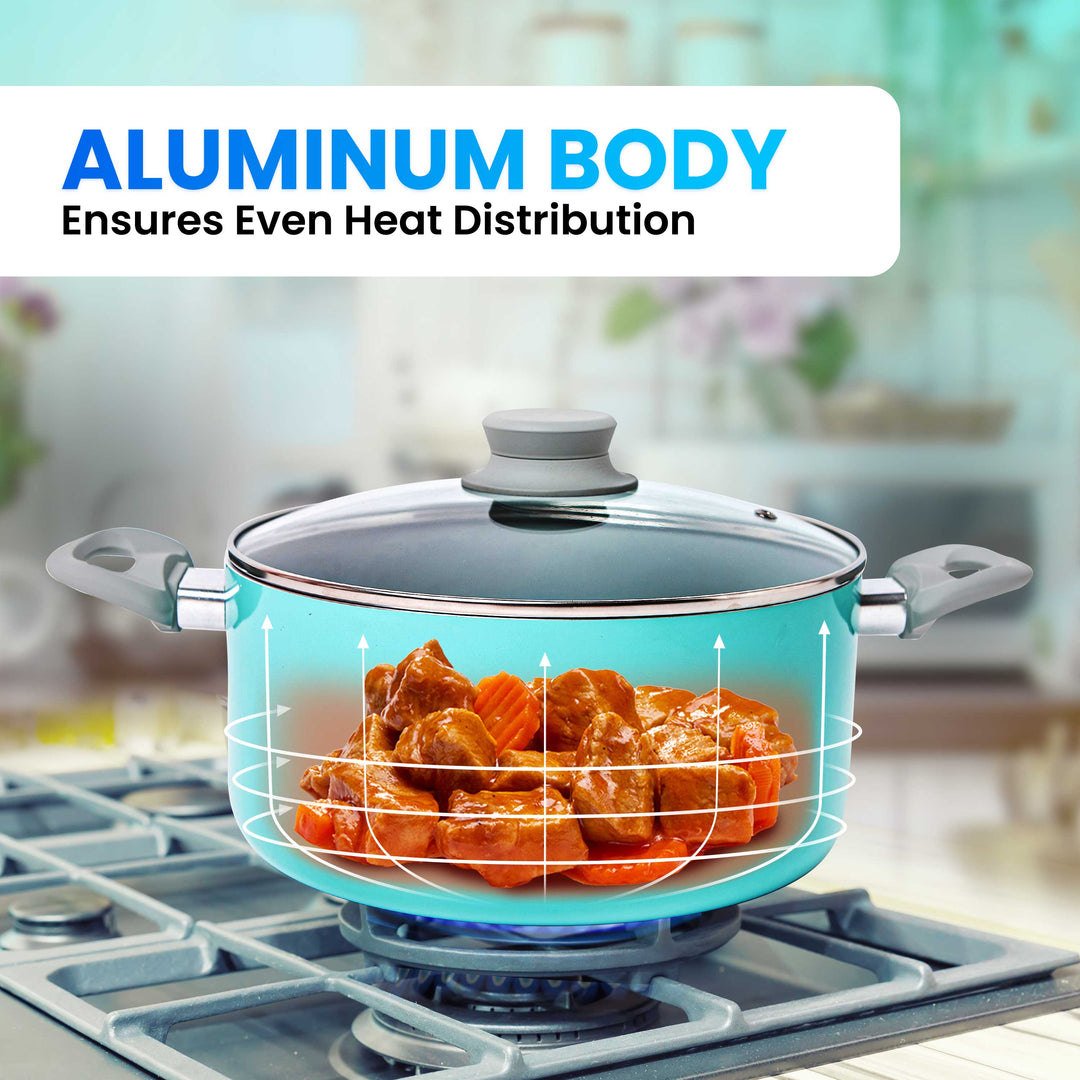 Cooking pot with food on a stove, emphasizing even heat distribution with text 'Aluminum Body Ensures Even Heat Distribution'.