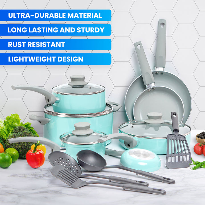 Kitchen utensils set with teal pots and pans on a white tiled background stating features: Ultra-durable material; long lasting and sturdy ; rust resistant ; lightweight design