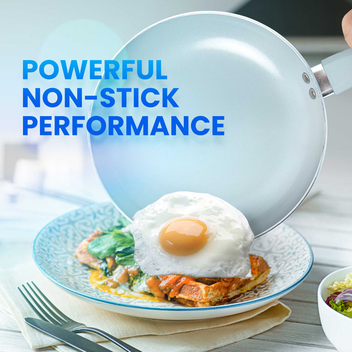 Frying pan with a perfectly cooked egg on a plate of food, emphasizing non-stick performance.