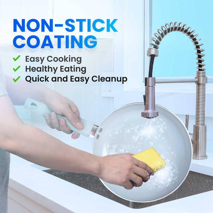 Person washing a pan with a sponge in a kitchen, emphasizing non-stick coating benefits.