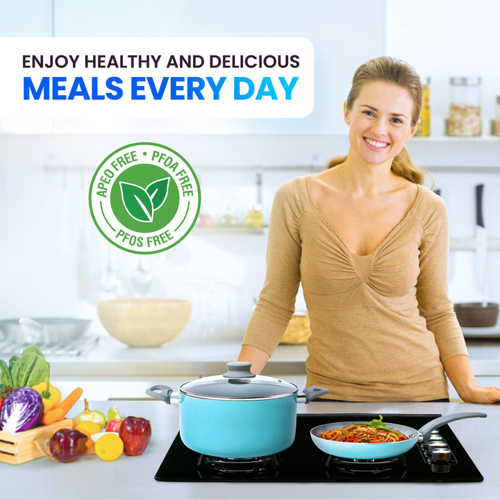 Woman cooking in a kitchen with a teal pot and pan, surrounded by vegetables, with text about healthy meals.