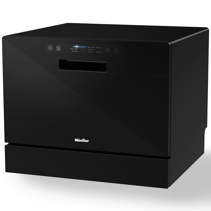 Black countertop, portable dishwasher with brand logo on a white background