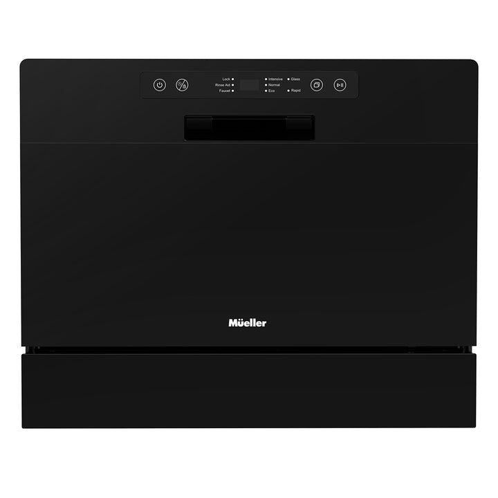 Black dishwasher with Mueller branding on a white background