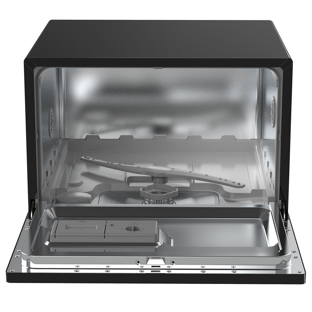 Open dishwasher with interior view on a white background